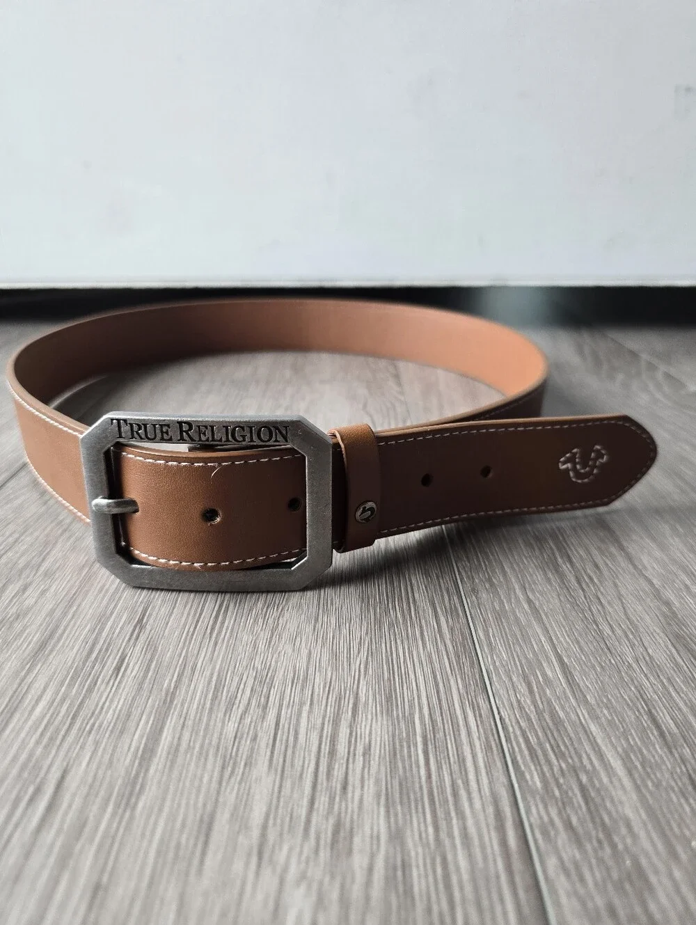 True Religion Tan Horseshoe Logo Belt Silver Buckle Western Y2K Faux Leather M/L